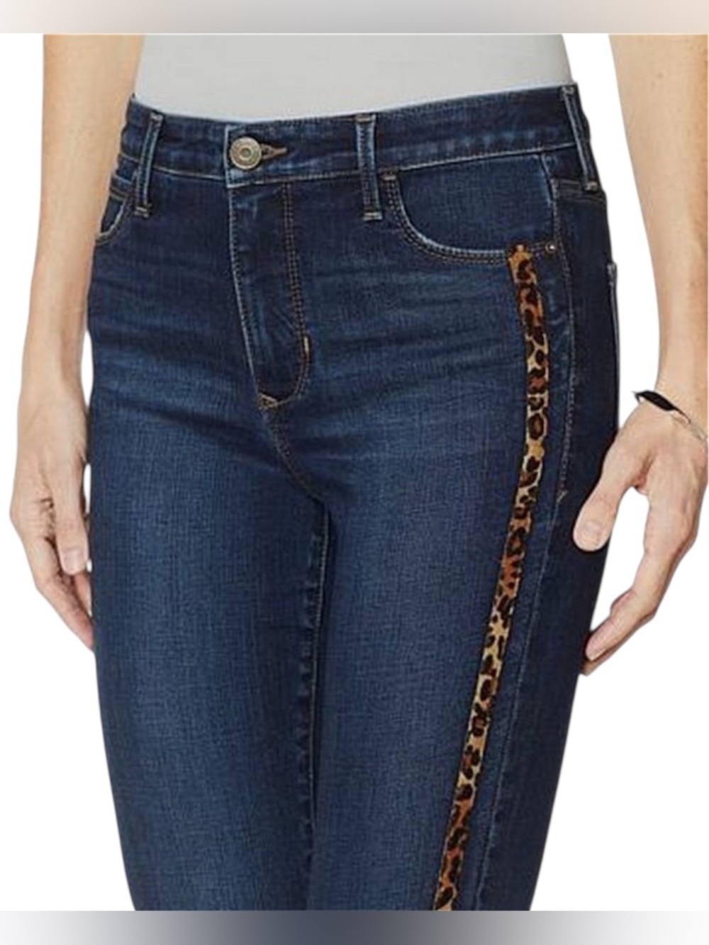 Skinnygirl Broadway High-Rise Dark Blue Skinny Jeans Leopard Side Stripe Size 12 - Picture 12 of 15